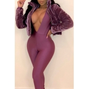 Lovely Casual Zipper Design Purple Coat