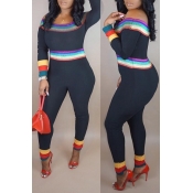 Lovely Casual Rainbow Printed Black One-piece Jump