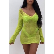 Lovely Sexy V Neck Hollow-out Yellow Knee Length D