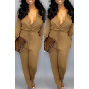 Lovely Casual Deep V Neck Khaki One-piece Jumpsuit