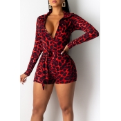 Lovely Casual Deep V Neck Leopard Printed Red One-