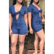 Lovely Casual Knot Design Blue One-piece Romper