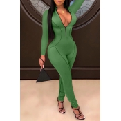 Lovely Casual Zipper Design Green One-piece Jumpsu
