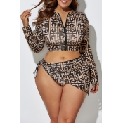 Lovely Printed Zipper Design Black Plus Size Two-p