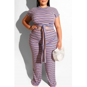 Lovely Casual O Neck Striped Printed Plus Size Two