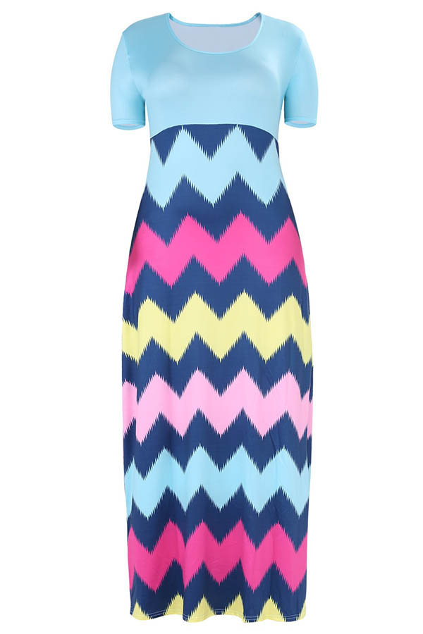 

Lovely Casual Geometric Printed Blue Floor Length Plus Size Dress