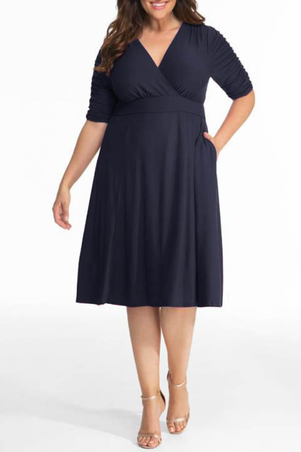 

Lovely Casual V Neck Loose Dark Blue Knee Length Plus Size Dress