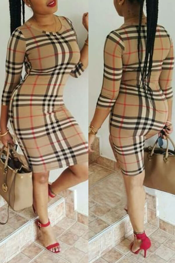 Lovely Casual Plaid Printed Khaki Knee Length Dress