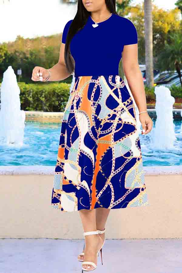 

Lovely Casual Printed Blue Mid Calf Dress
