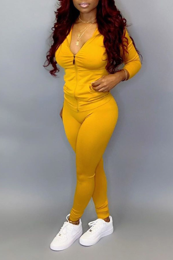 Cheap Plus Size Two Pieces Lovely Casual Zipper Design Basic Yellow Pl