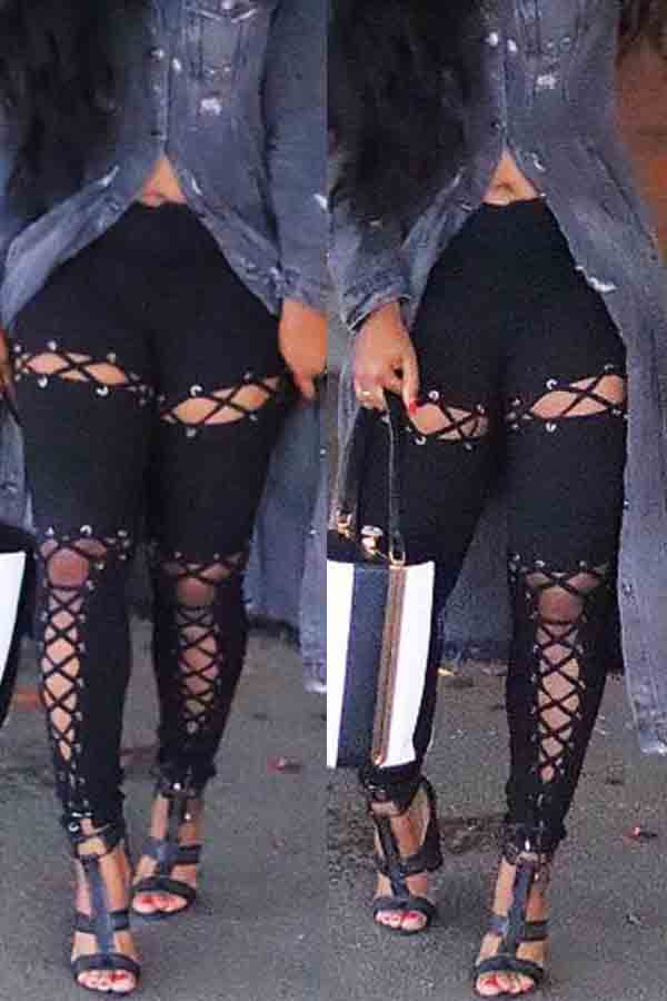 

Lovely Trendy Bandage Design Hollow-out Black Pants