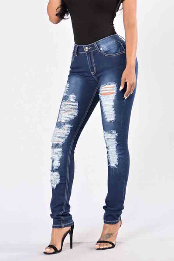 

Lovely Trendy Broken Holes Deep Blue Jeans