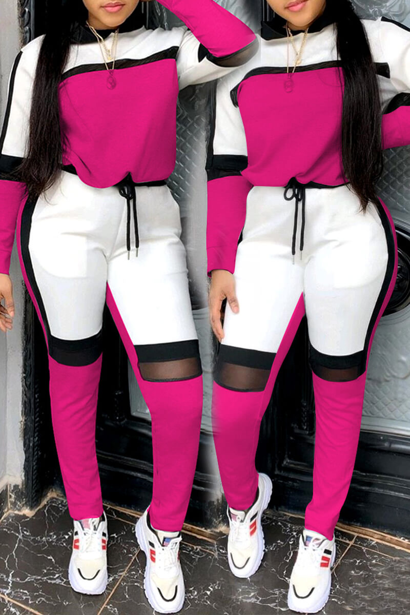 

Lovely Sportswear Hooded Collar Patchwork Rose Red Two-piece Pants Set