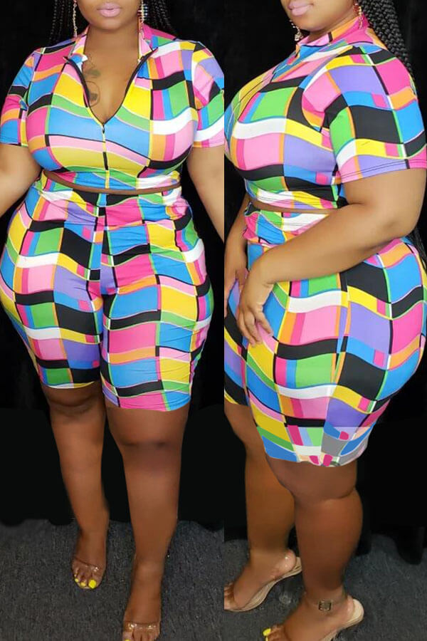 

Lovely Casual Mandarin Collar Printed Multicolor Plus Size Two-Piece Shorts Set, Multi