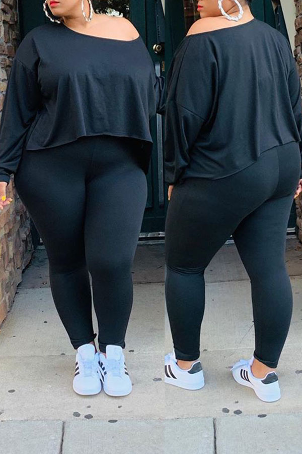 

Lovely Casual O Neck Asymmetrical Black Plus Size Two-Piece Pants Set