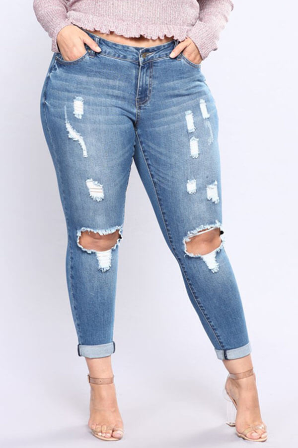 

Lovely Plus Size Casual Hollow-out Skinny Blue Jeans