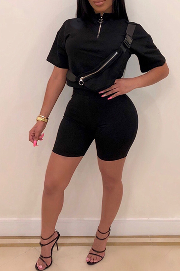 Lovely Casual Half A Turtleneck BlackTwo-piece Shorts Set