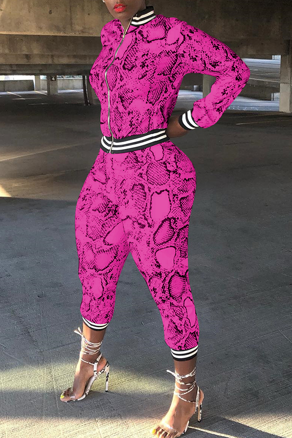 

Lovely Casual Patchwork Snakeskin Printed Rose Red Two-piece Pants Set