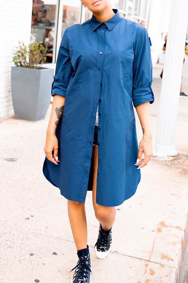 

Lovely Leisure Turndown Collar Blue Blouse