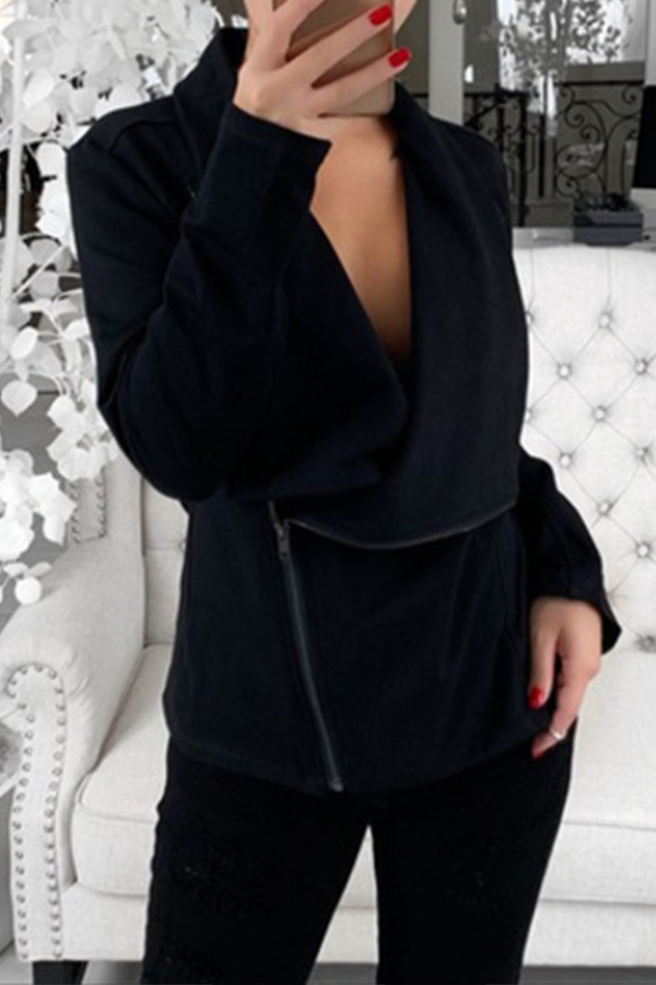 Lovely Casual Zipper Design Black Coat