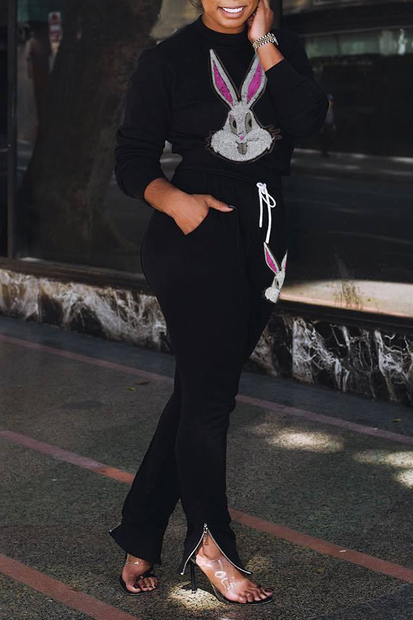 

Lovely Casual Character Printed BlackTwo-piece Pants Set, Black