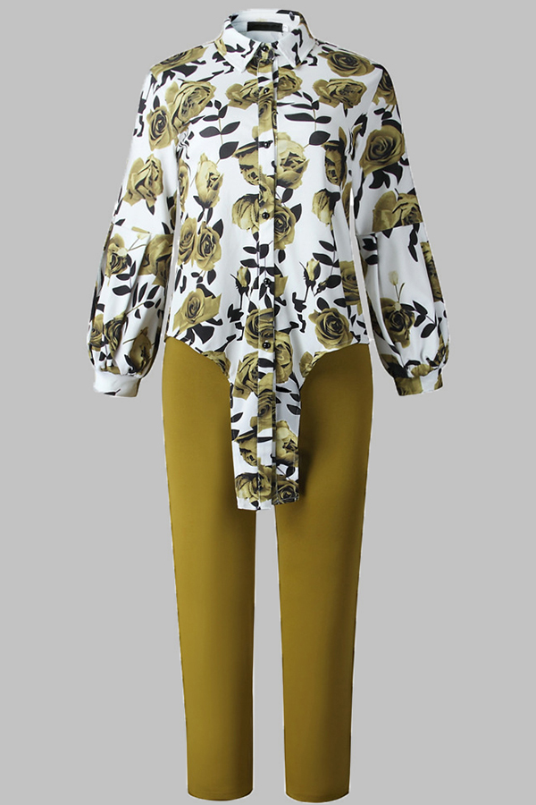 Lovely Casual Floral Printed Green Plus Size Two-piece Pants Set