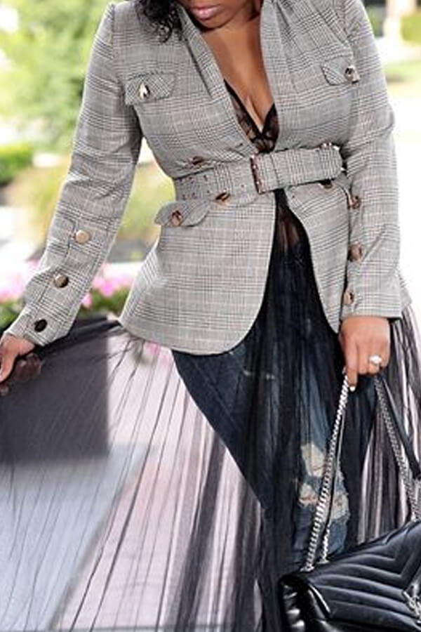 Cheap Blazer&Suits Lovely Casual Grid Printed Grey Blazer