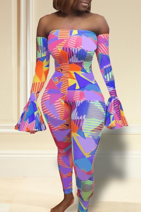 Lovely Casual Dew Shoulder Printed Blue One-piece Jumpsuit