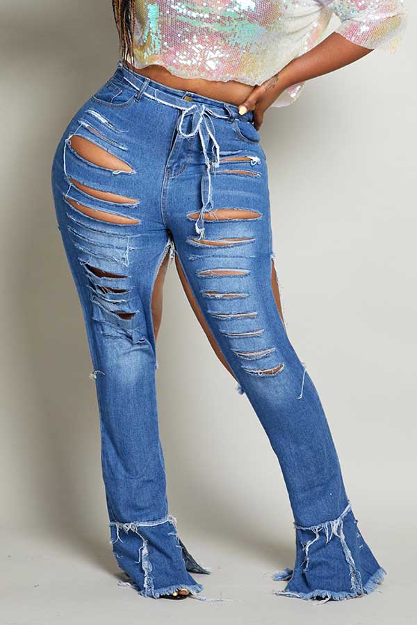 Cheap Plus Size Jeans Lovely Casual Hollow-out Blue Jeans