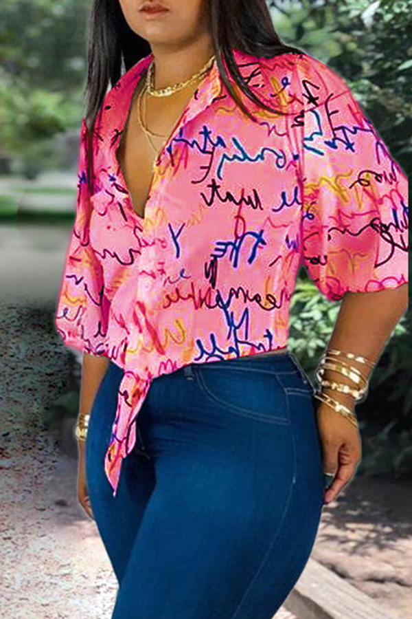 Lovely Casual Turndown Collar Printed Pink Blouse