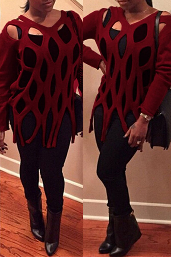 

Lovely Casual Hollow-out Wine Red Sweater