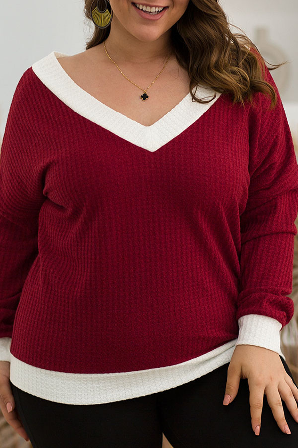 Lovely Casual Patchwork Wine Red Plus Size Sweater