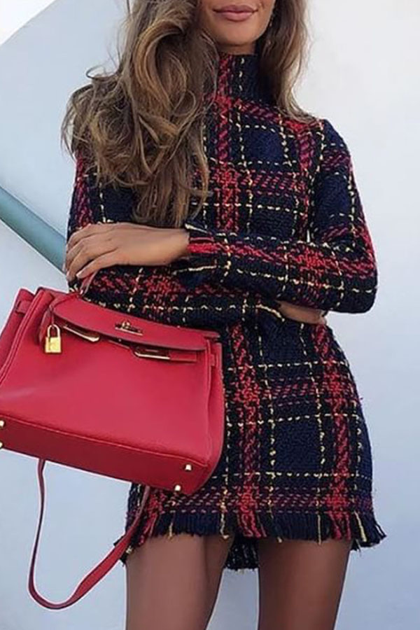 

Lovely Trendy Plaid Printed Wine Red Mini Dress
