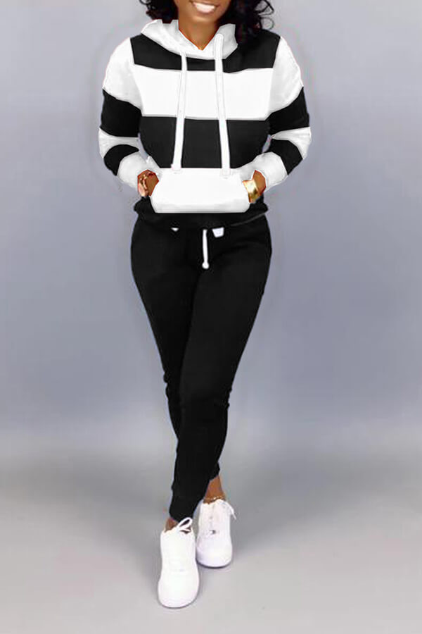Lovely Casual Hooded Collar Patchwork Black Two-piece Pants Set