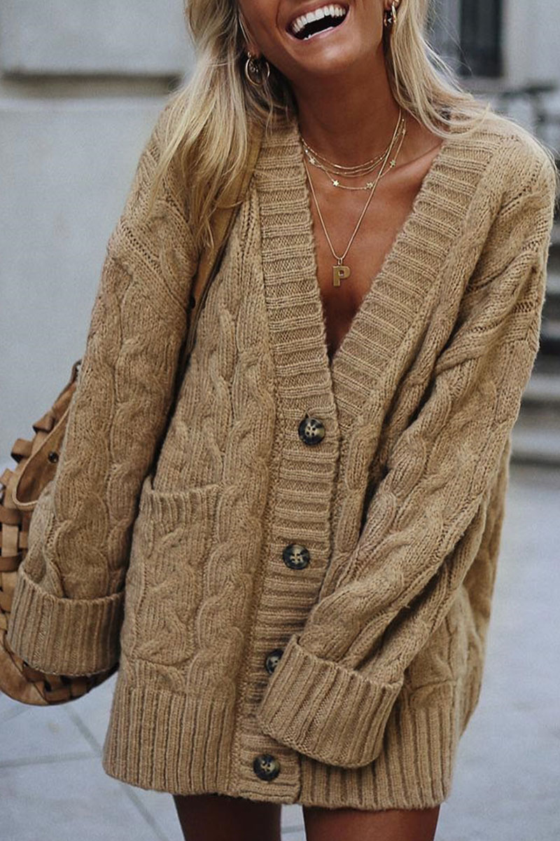 

Lovely V Neck Button Design Khaki Cardigan