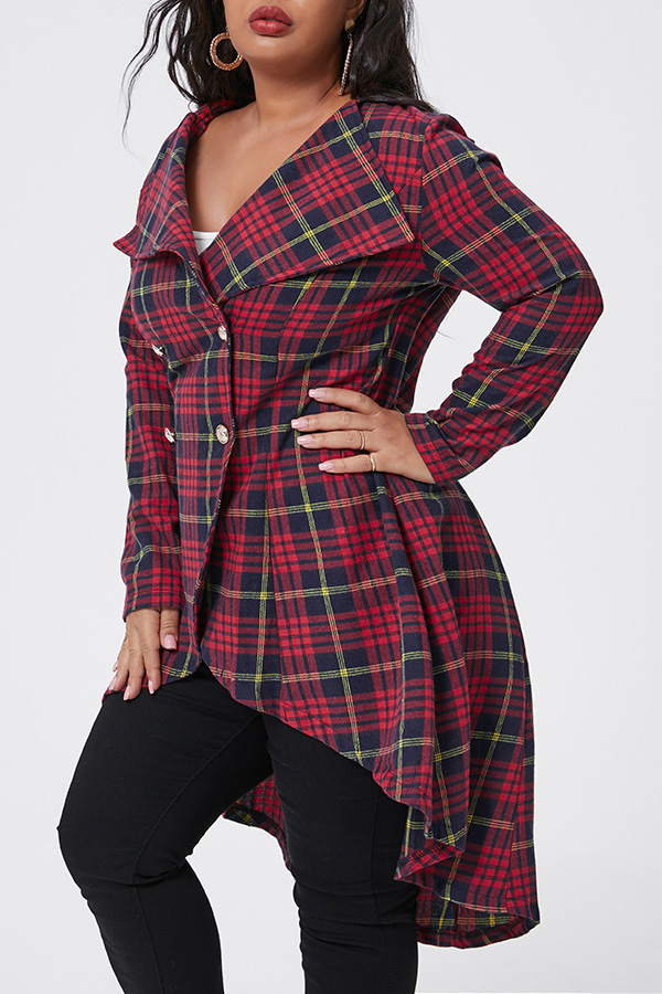 Lovely Casual Plaid Printed Red Plus Size Coat