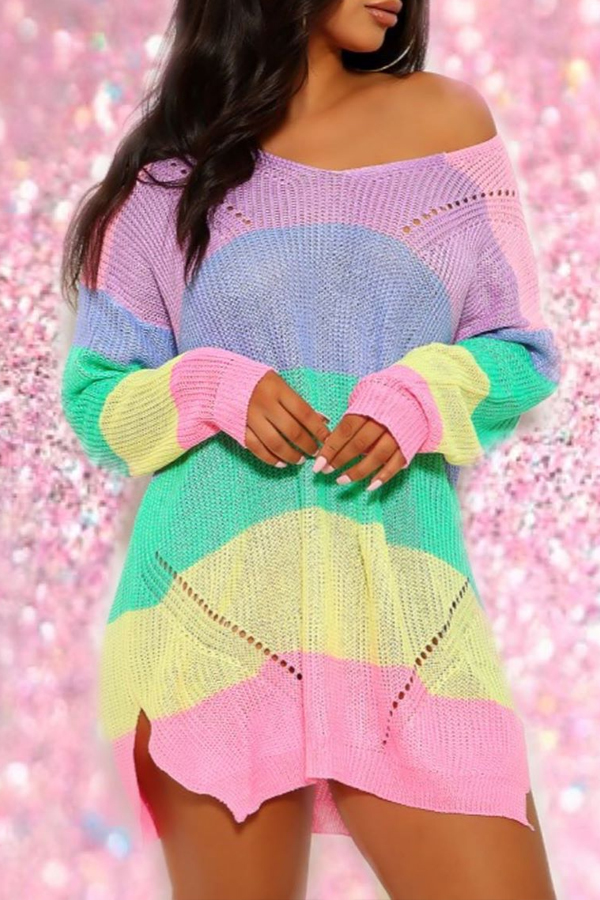 

Lovely Leisure Color-lump Patchwork Pink Sweaters