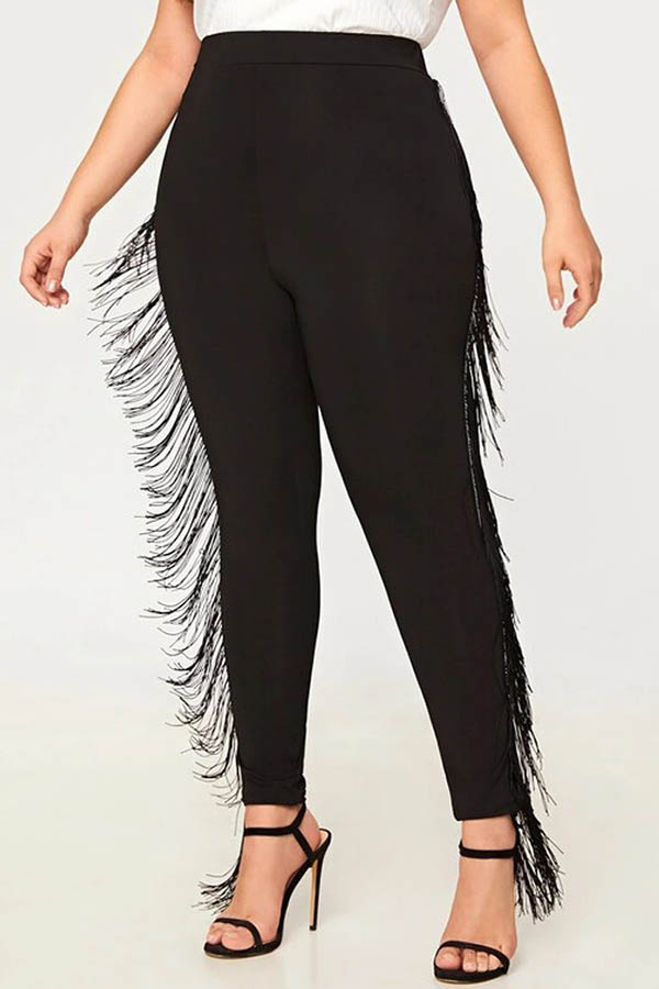 Lovely Casual Tassel Design Black Plus Size Pants