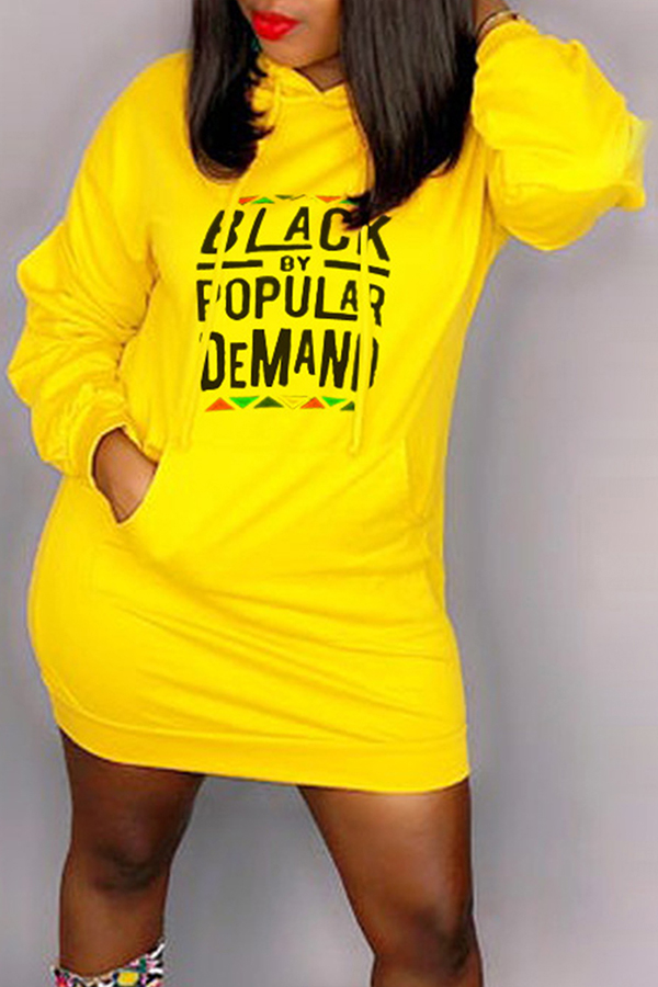 

Lovely Casual Hooded Collar Letter Printed Yellow Mini Dress