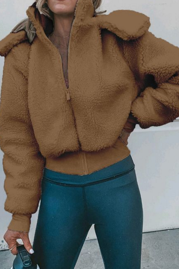 

Lovely Chic Zipper Design Khaki Teddy Coat