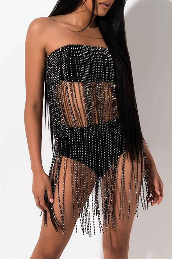 

Lovely Sexy Tassel Design Black Two-piece Shorts Set