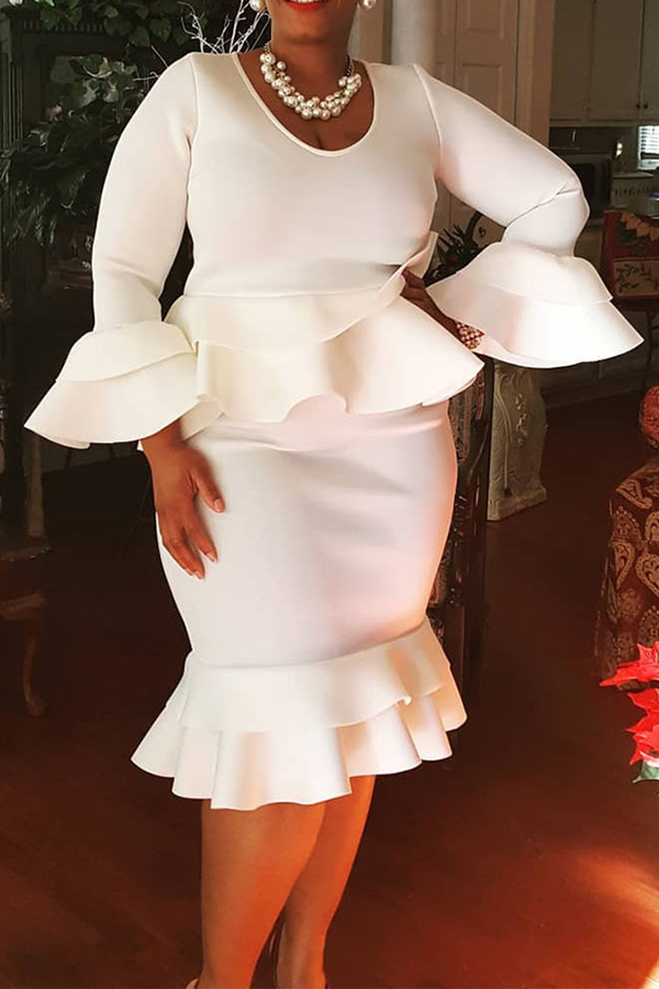 

Lovely Casual Flounce Design White Knee Length Plus Size Dress
