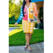 Lovely Trendy V Neck Printed Yellow Two-piece Skir