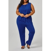 Lovely Casual Sleeveless Blue Plus Size One-piece 