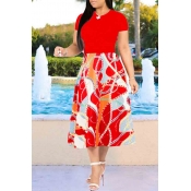 Lovely Casual Printed Red Mid Calf Dress
