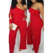 Lovely Work One Shoulder Red One-piece Jumpsuit