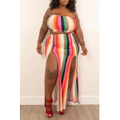Lovely Casual Striped Red Plus Size Two-piece Skir