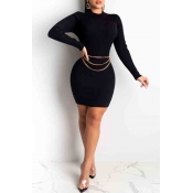 Lovely Trendy O Neck Skinny Black Mini Dress