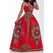 Lovely Bohemian Printed Red Floor Length Dress