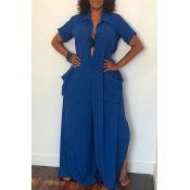 Lovely Casual Loose Slit Deep Blue One-piece Jumps
